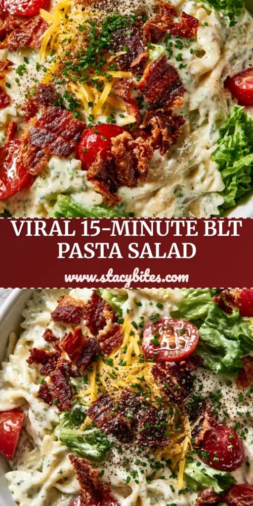 BLT Pasta Salad with Creamy Buttermilk Dressing and Thick-Cut Bacon 4 A close-up of BLT pasta salad in a white bowl with bowties, crispy bacon, and tomatoes under sunlight.
