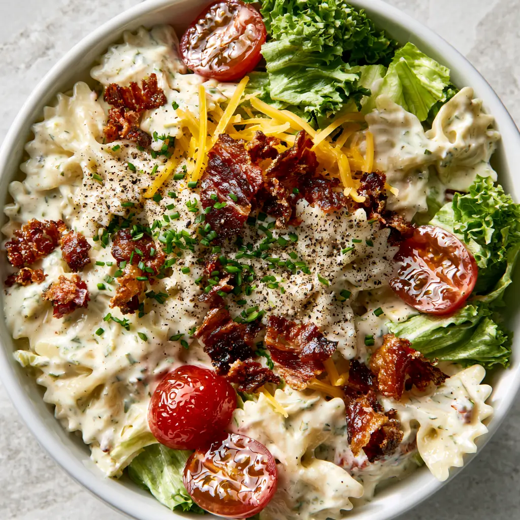 BLT Pasta Salad with Creamy Buttermilk Dressing and Thick-Cut Bacon 2 Top-down view of BLT pasta salad with farfalle and glossy buttermilk dressing in a ceramic bowl.