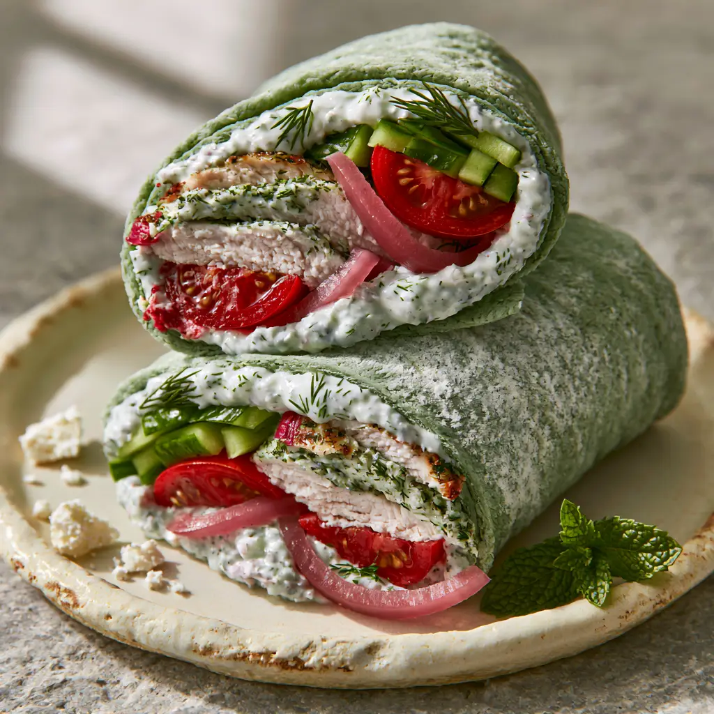 Summer Dinner Ideas: Chilled Lemon-Herb Chicken Wraps with Creamy Tzatziki 1 Hyper-realistic close up of a spinach tortilla wrap with creamy tzatziki and pickled red onions. (summer dinner ideas)