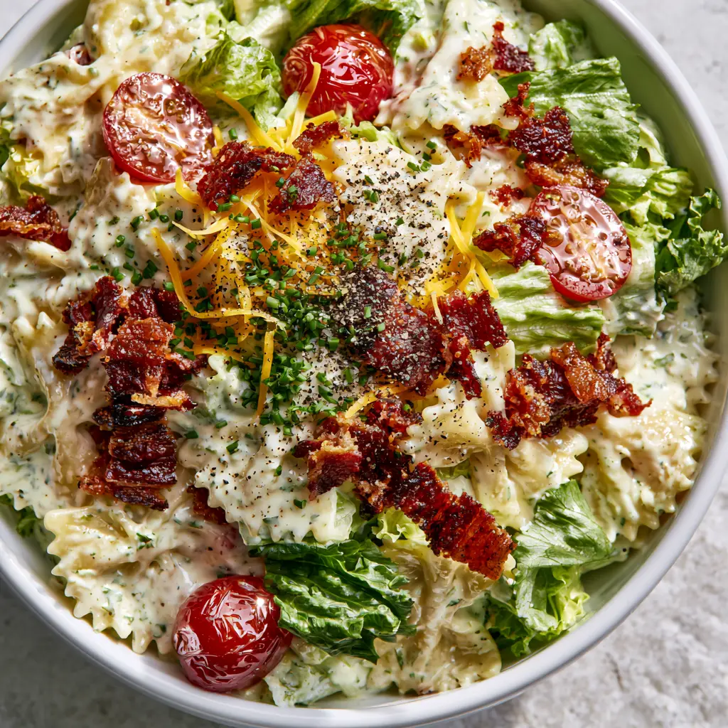 BLT Pasta Salad with Creamy Buttermilk Dressing and Thick-Cut Bacon 1 Close-up of extra-crispy dark amber bacon and bright emerald romaine in a BLT pasta salad.