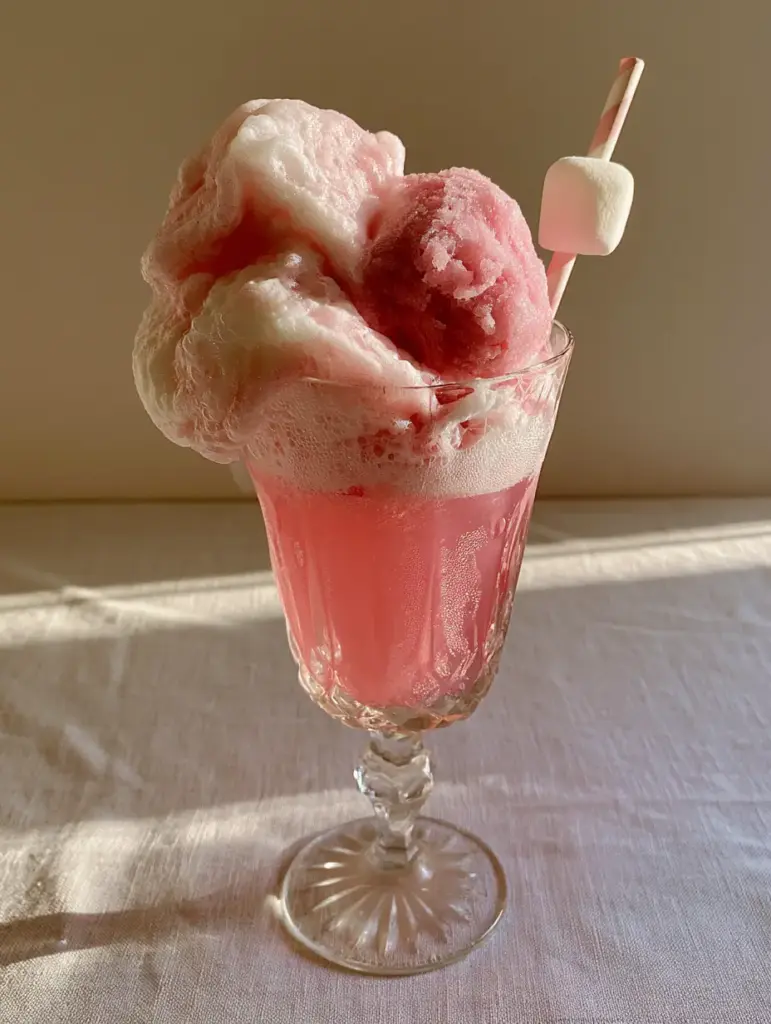Easter Bunny Punch: The Ultimate Fizzy Raspberry Float for Spring 1 A vibrant pastel pink sparkling liquid base of the Easter Bunny Punch inside a vintage crystal glass with light condensation.