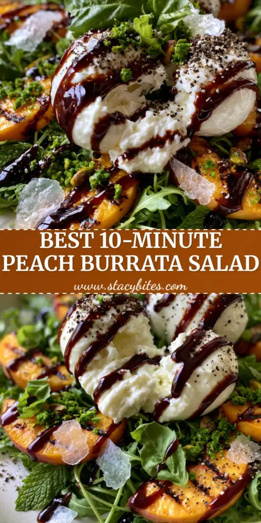 Peach Salad Recipe with Grilled Peaches and Creamy Burrata 3 A close-up luxury Peach Burrata Salad on a white platter with grilled peaches and balsamic glaze. (peach salad recipe)