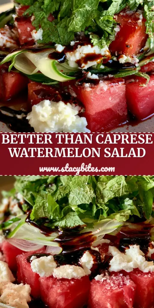 Watermelon Recipes: The Ultimate Chilled Feta, Tajin, and Balsamic Summer Salad 4 A tall Pinterest pin showing a premium watermelon salad with feta, cucumber ribbons, and balsamic glaze. (watermelon recipes)