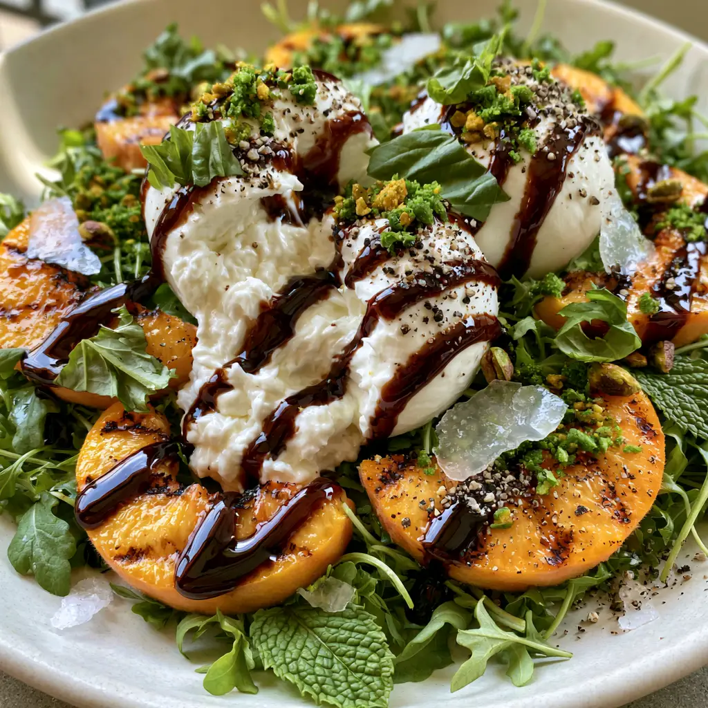 Peach Salad Recipe with Grilled Peaches and Creamy Burrata 2 Smartphone photo of grilled peaches and torn burrata cheese with balsamic drizzle. (peach salad recipe)