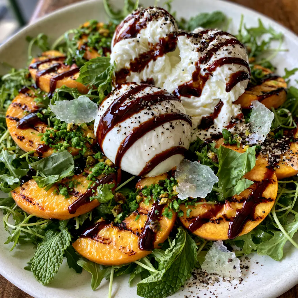 Peach Salad Recipe with Grilled Peaches and Creamy Burrata 1 Overhead view of a luxury peach salad with pistachios and fresh mint on arugula.
