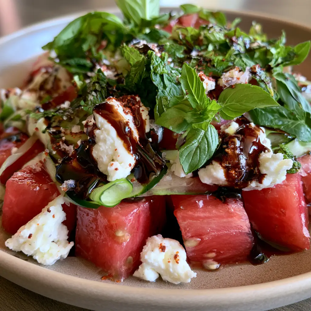 Watermelon Recipes: The Ultimate Chilled Feta, Tajin, and Balsamic Summer Salad 1 A handheld smartphone photo of watermelon salad with translucent cucumber ribbons and mahogany balsamic glaze. (watermelon recipes)