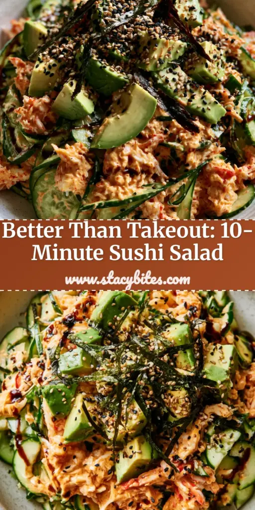 California Roll Cucumber Salad: A Vibrant Deconstructed Sushi Bowl 4 A top-down view of a California roll cucumber salad in an off-white bowl, featuring cucumber ribbons, spicy crab, and avocado. (California roll cucumber salad)