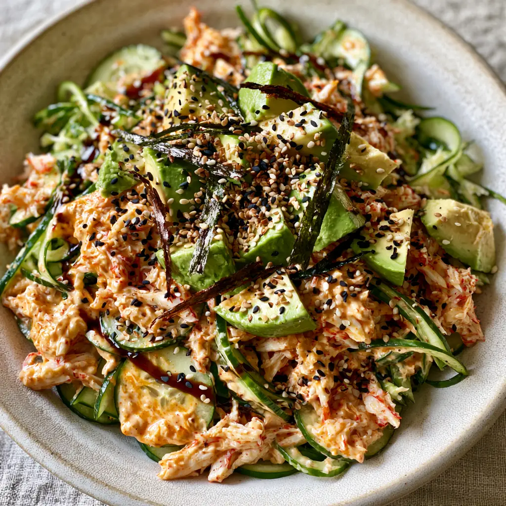 California Roll Cucumber Salad: A Vibrant Deconstructed Sushi Bowl 2 Smartphone photo of California roll cucumber salad showing creamy sriracha mayo and dark soy glaze streaks. (California roll cucumber salad)