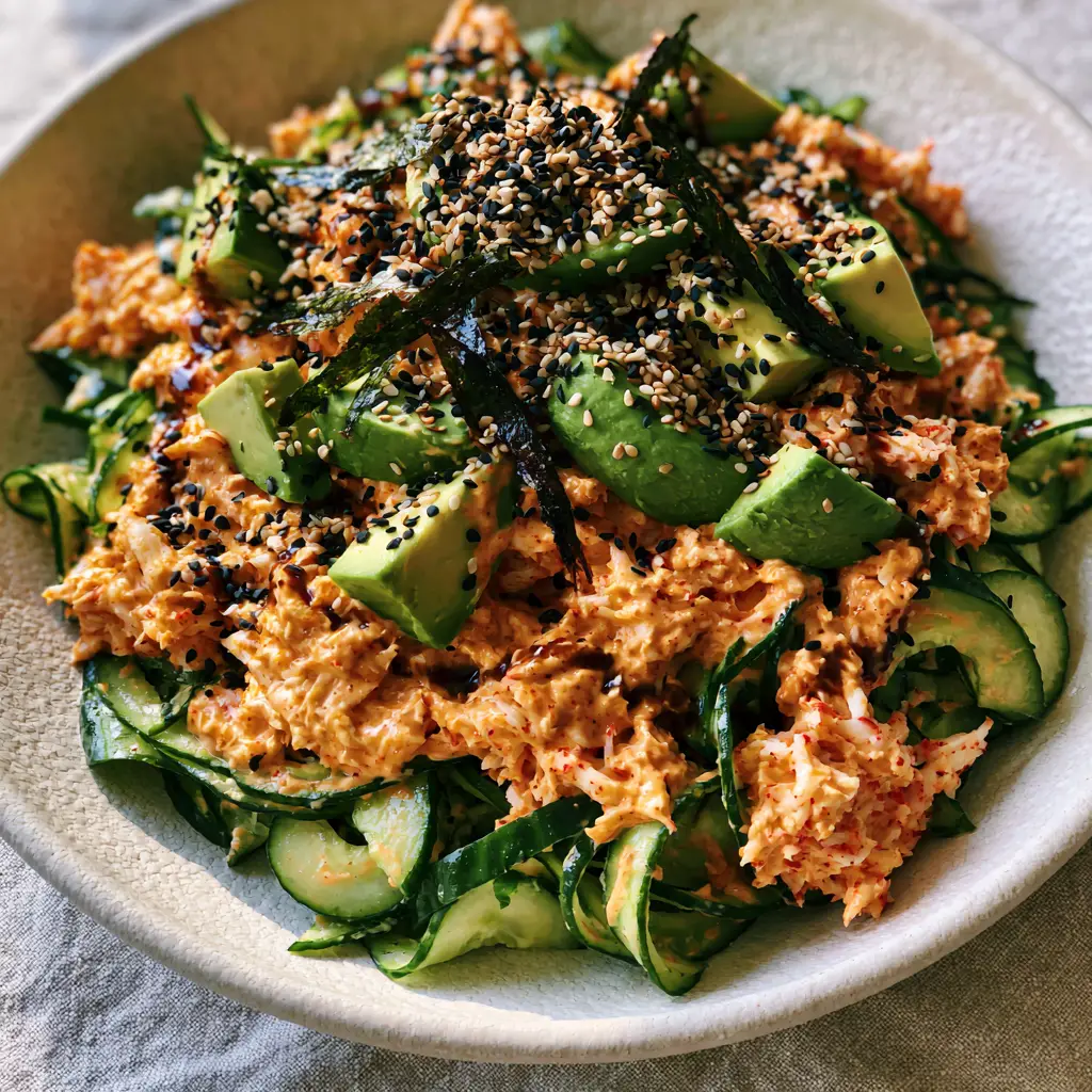 California Roll Cucumber Salad: A Vibrant Deconstructed Sushi Bowl 1 Close-up of a California roll cucumber salad bowl with toasted sesame seeds and roasted nori slivers.