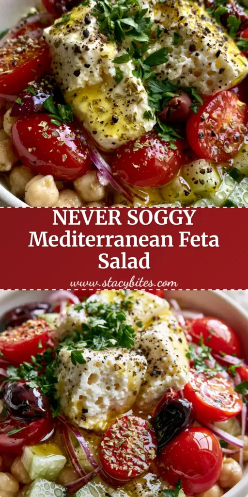 Mediterranean Feta Salad with Crisp Chickpeas and Lemon Vinaigrette 3 A vertical eye-level shot of a Mediterranean Feta Salad in a white bowl with large chunky feta, glistening tomatoes, and fresh parsley.