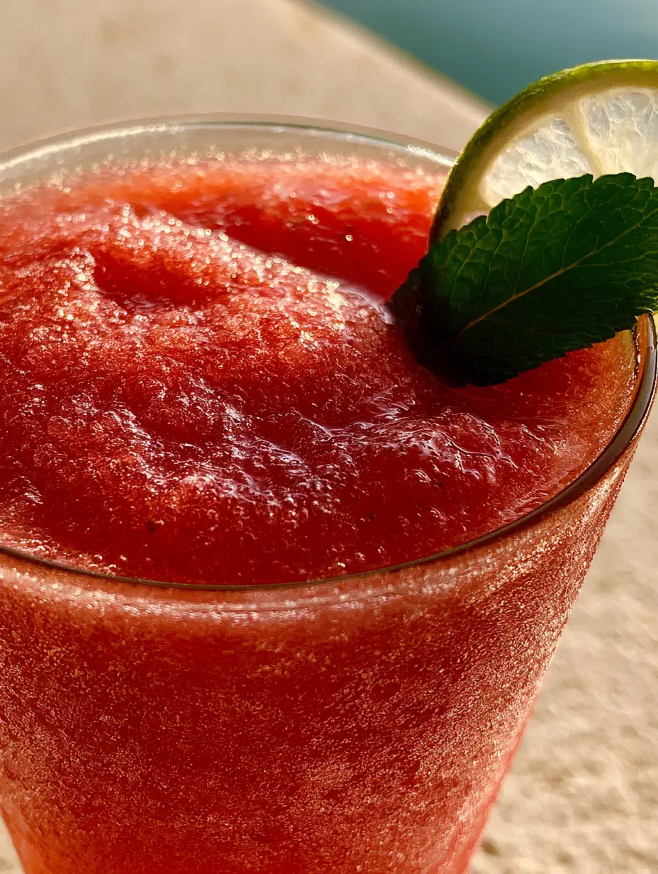 Alcoholic Slushies: The Ultimate Strawberry Frosé with Micro Ice Crystals 4 Extreme close-up of alcoholic slushies showing micro ice crystals and heavy condensation on a tall glass.
