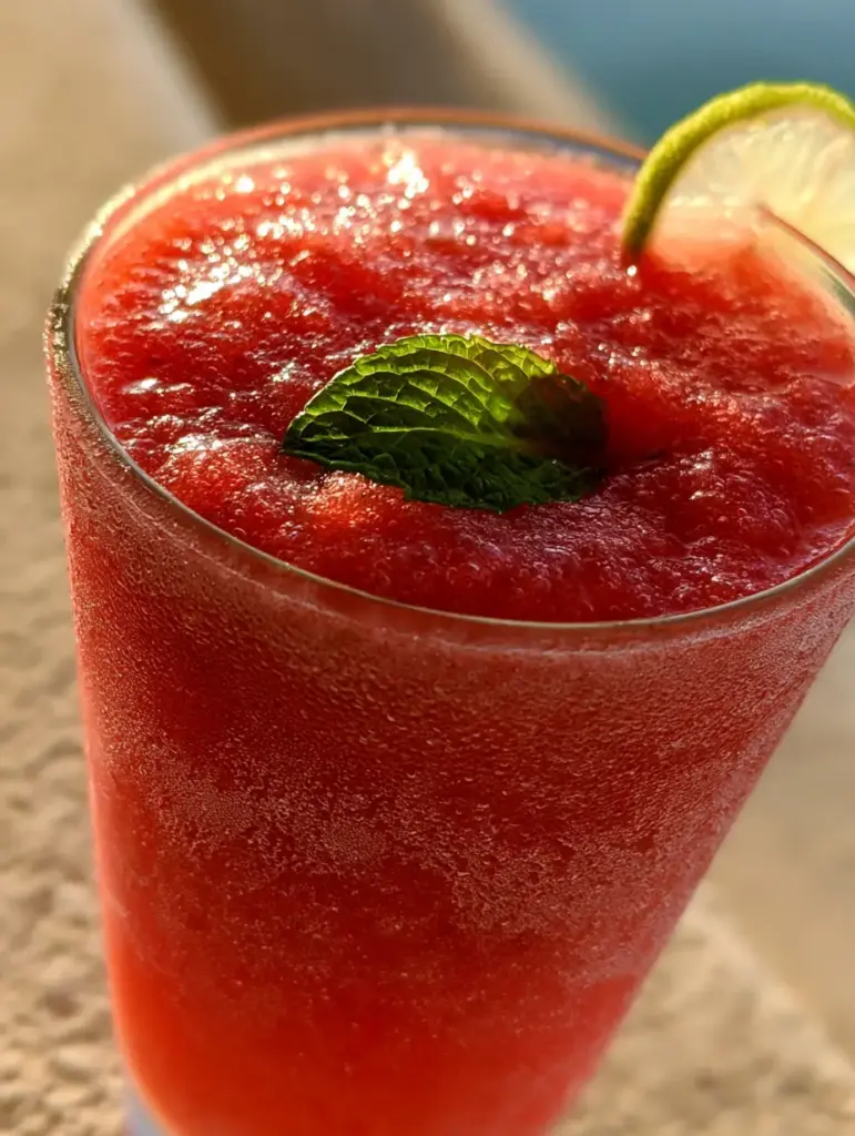 Alcoholic Slushies: The Ultimate Strawberry Frosé with Micro Ice Crystals 1 A strawberry alcoholic slushie in a frosty glass with a translucent lime wheel perched on the rim.