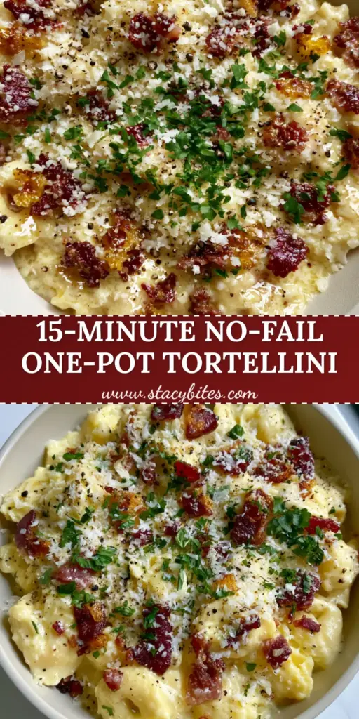 Tortellini Carbonara: The Ultimate 15-Minute Creamy Pasta Recipe 4 A shallow ceramic pot filled with glossy Tortellini Carbonara, topped with crispy pancetta, microplaned parmesan snow, and fresh parsley on a marble surface.