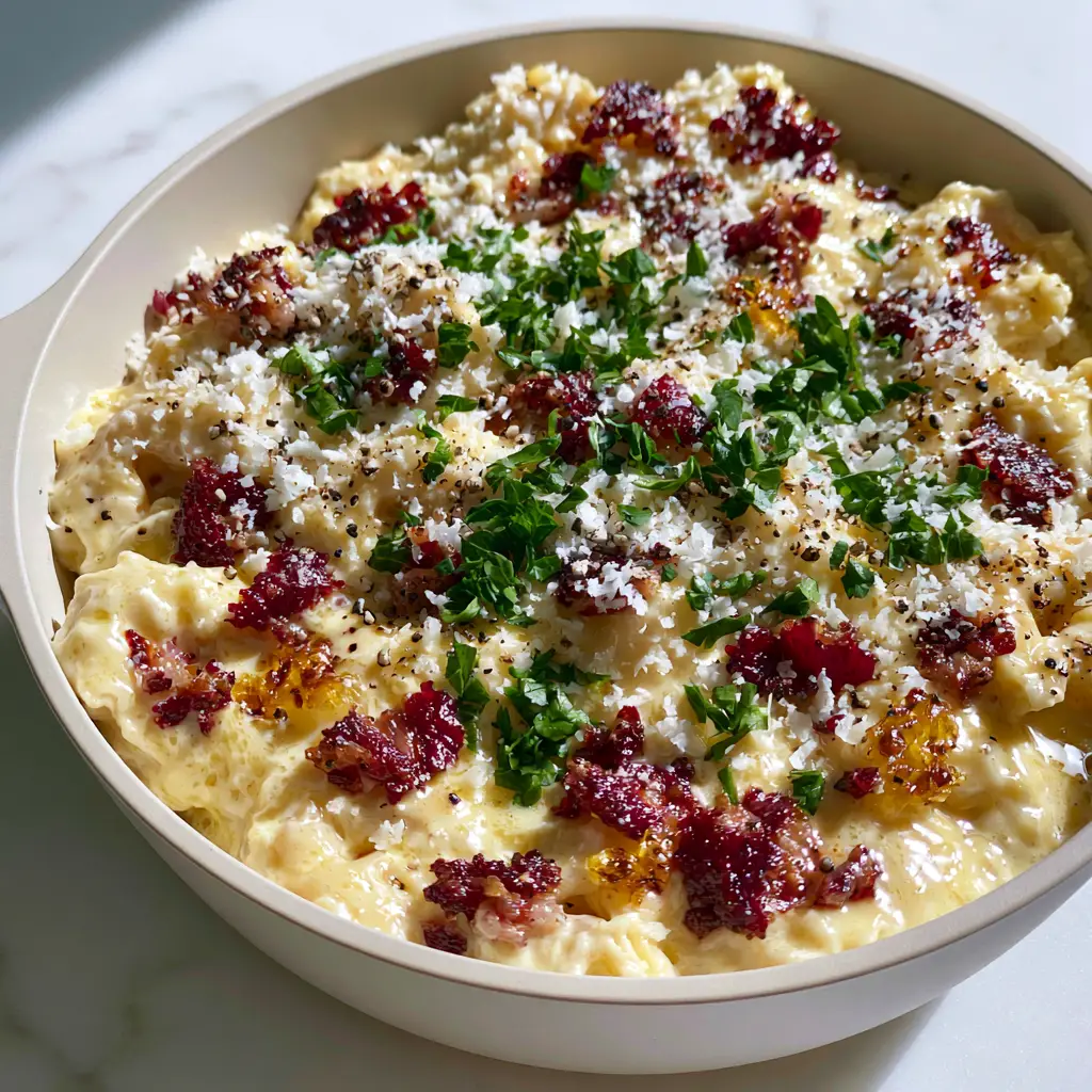 Tortellini Carbonara: The Ultimate 15-Minute Creamy Pasta Recipe 2 Close-up of plump cheese tortellini coated in a reflective pale golden carbonara sauce with crispy deep-red pancetta. (Tortellini Carbonara)
