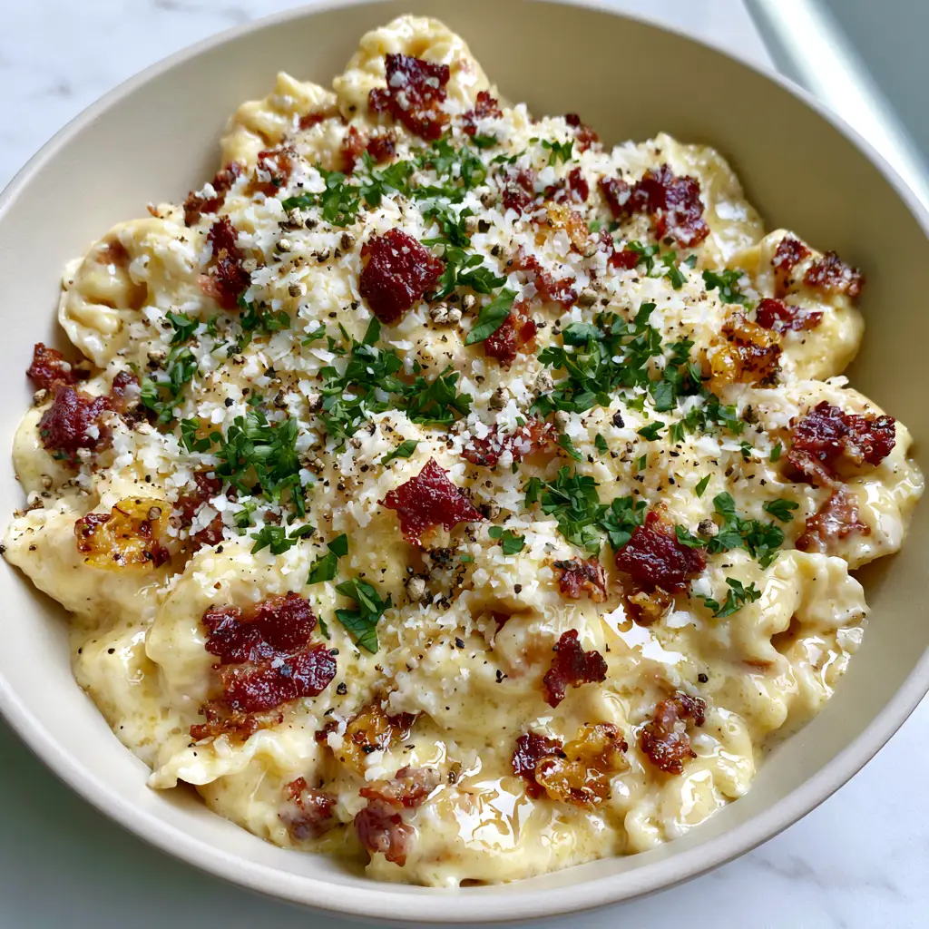 Tortellini Carbonara: The Ultimate 15-Minute Creamy Pasta Recipe 1 A wide handheld shot of Tortellini Carbonara showing the snowy parmesan topping and vibrant emerald-green parsley garnish.