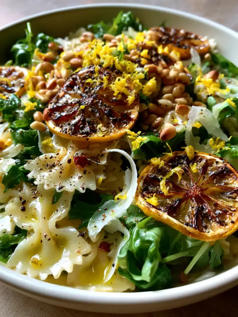 Lemon Arugula Pasta Salad with Charred Lemons and Toasted Pine Nuts 2 Macro view of Lemon Arugula Pasta Salad showing the glossy dressing on farfalle ribbons and bright green arugula.