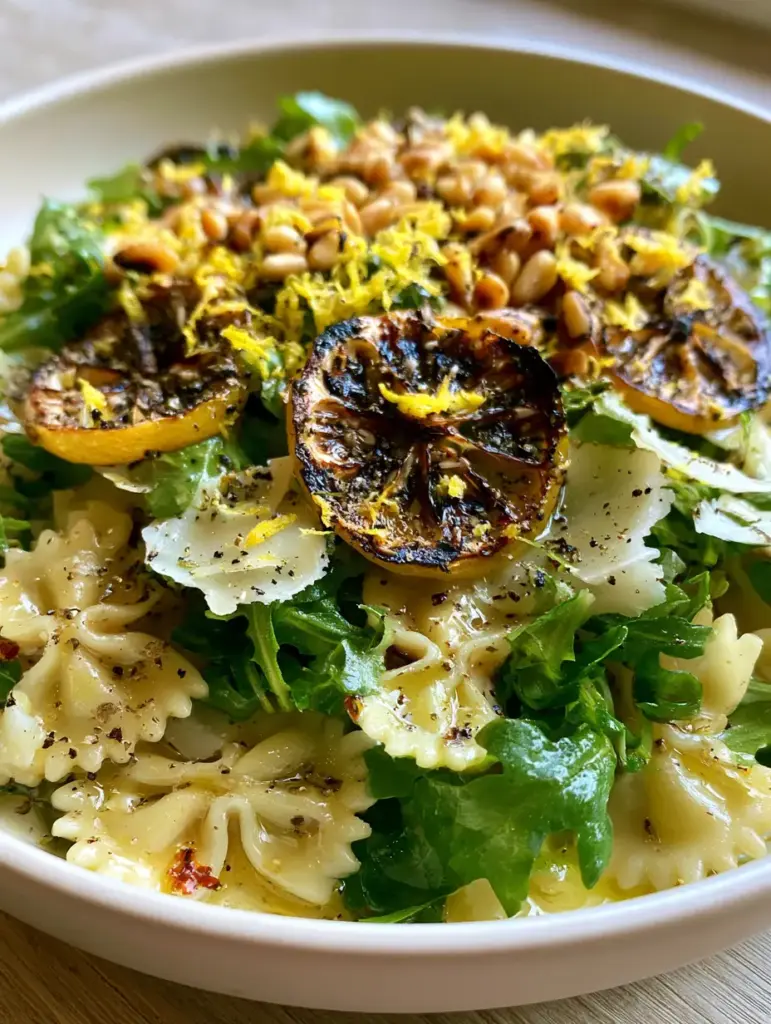 Lemon Arugula Pasta Salad with Charred Lemons and Toasted Pine Nuts 1 Overhead view of pasta salad with charred lemon rounds, toasted pine nuts, and crimson red pepper flakes.