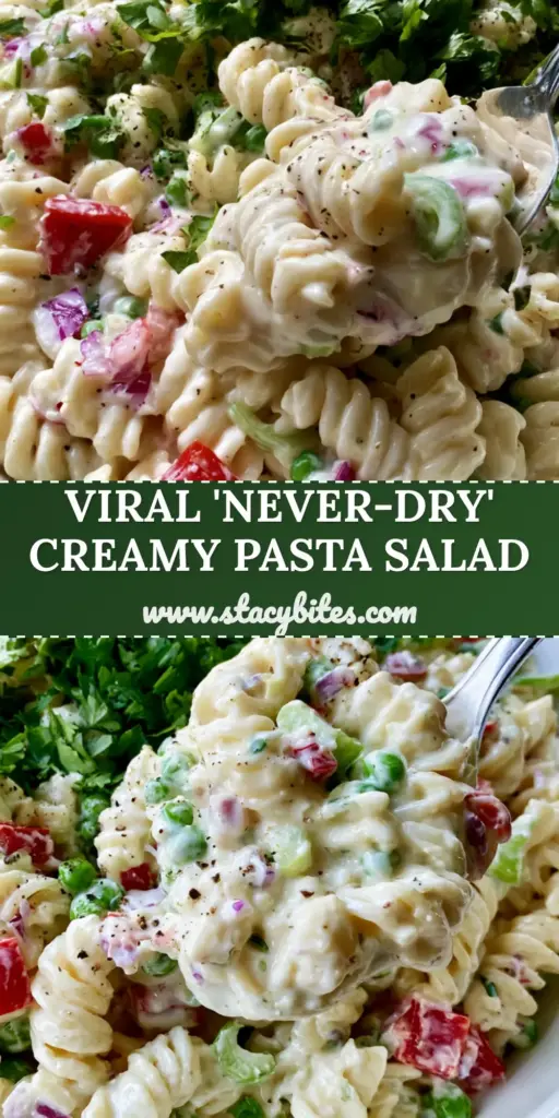 Creamy Pasta Salad with Crisp Vegetables and Glossy Herb Dressing 3 A large white ceramic bowl overflowing with Creamy pasta salad, featuring glossy rotini, red peppers, and green peas under soft afternoon light.