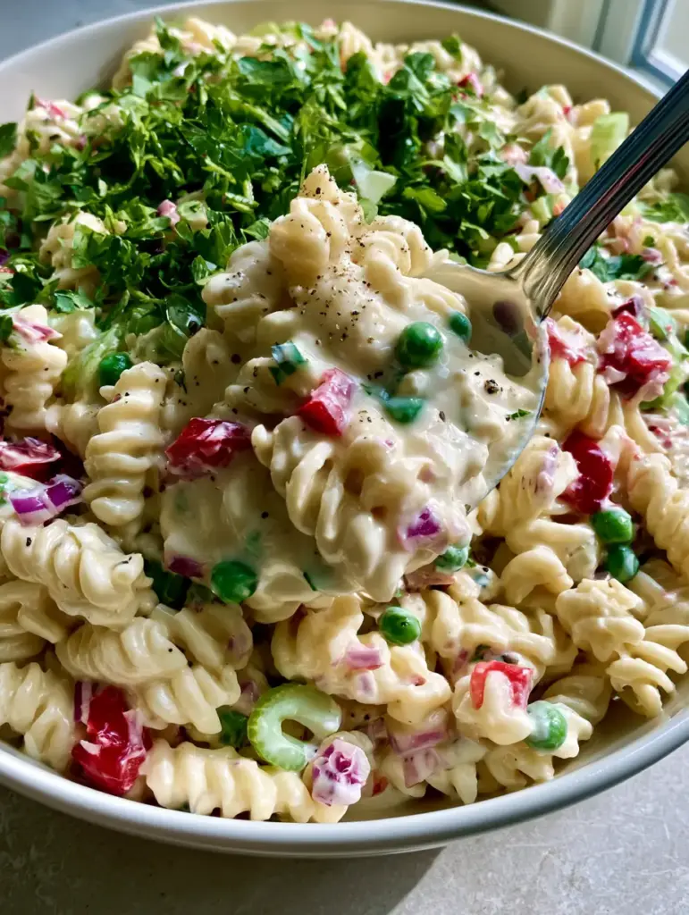Creamy Pasta Salad with Crisp Vegetables and Glossy Herb Dressing 2 Smartphone photo of a silver spoon lifting a scoop of Creamy pasta salad showing thick dressing clinging to the rotini pasta.