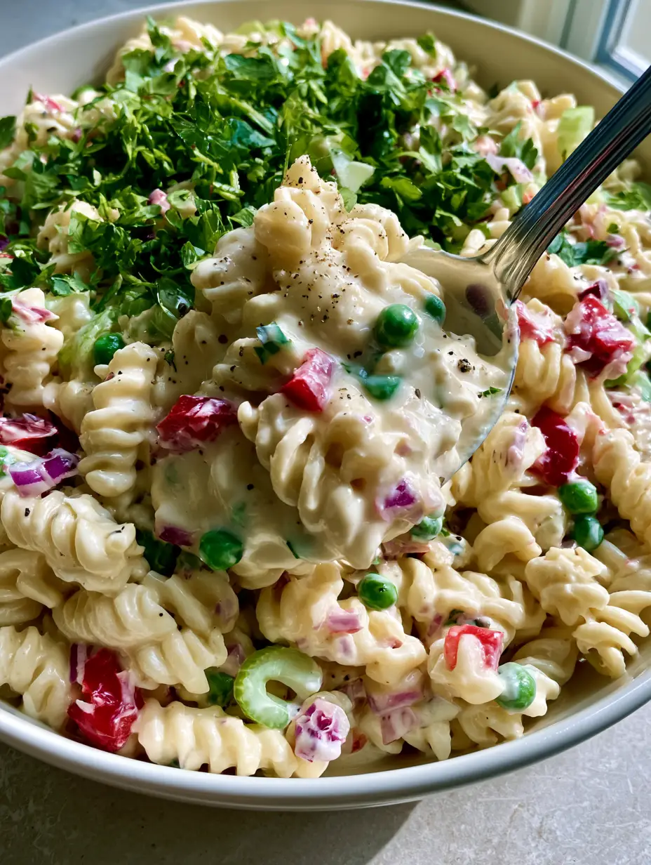 Creamy Pasta Salad with Crisp Vegetables and Glossy Herb Dressing 4 Smartphone photo of a silver spoon lifting a scoop of Creamy pasta salad showing thick dressing clinging to the rotini pasta.