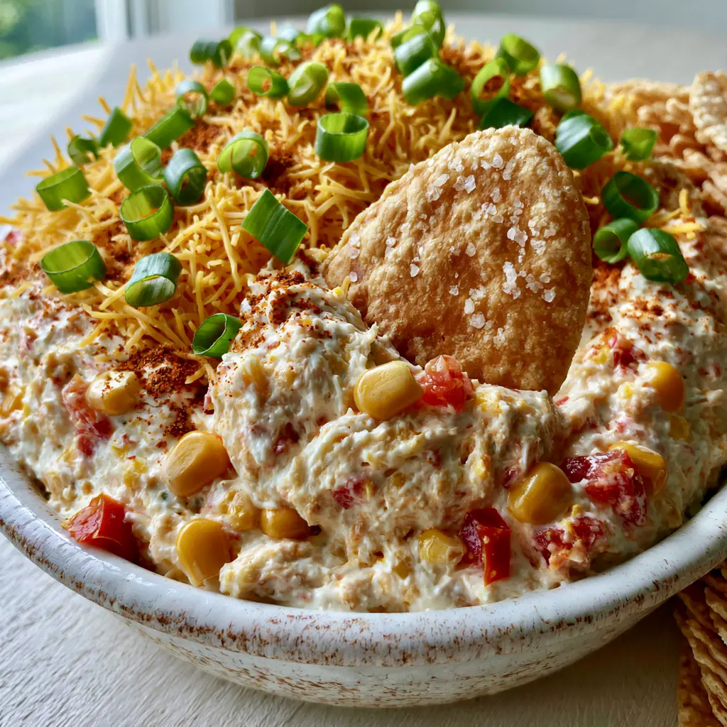 Boat Dip: The Ultimate Creamy Mexican Corn Party Appetizer 2 A 45-degree angle close-up of thick Boat Dip in a stoneware bowl featuring golden corn, Rotel tomatoes, and a heavy crown of cheese. (Boat Dip)