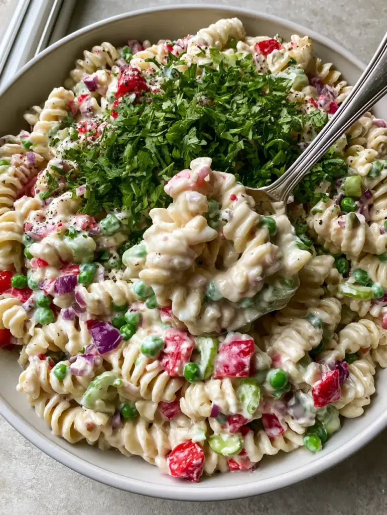 Creamy Pasta Salad with Crisp Vegetables and Glossy Herb Dressing 1 Overhead view of Creamy pasta salad in a white bowl showing vibrant red peppers, green peas, and fresh parsley garnish.