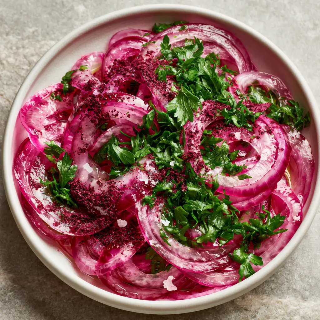 Sumac Onion Salad: The Vibrant Turkish Condiment for Your Favorite Dishes 2 Top-down macro shot of sumac onion salad showing the gritty texture of sumac grains and translucent onion layers.