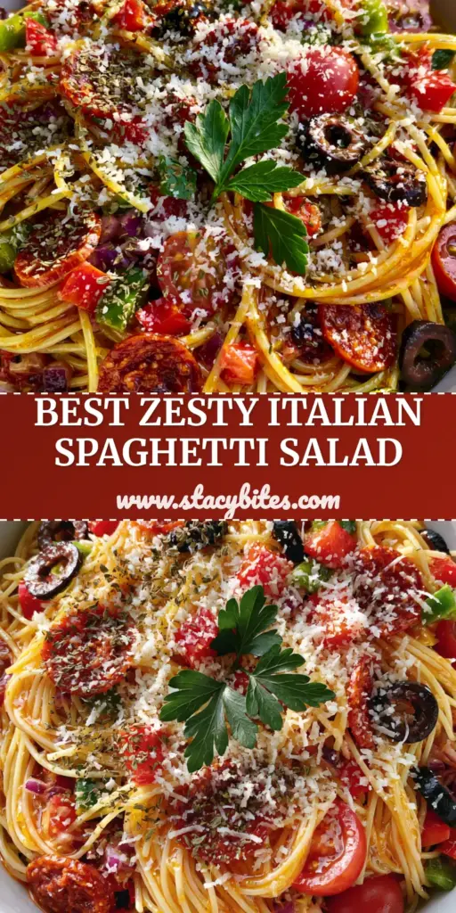 Spaghetti Salad: The Ultimate Zesty California Pasta Side 4 A tall, vibrant Pinterest-style image of Spaghetti Salad in a white bowl showing glistening noodles and pepperoni rounds.
