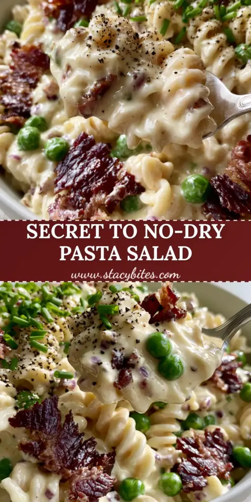 Creamy Bacon Pasta Salad with a Glossy Ivory Dressing 4 A silver spoon lifting a portion of Creamy Bacon Pasta Salad with glossy ivory dressing and deep red bacon crumbles.