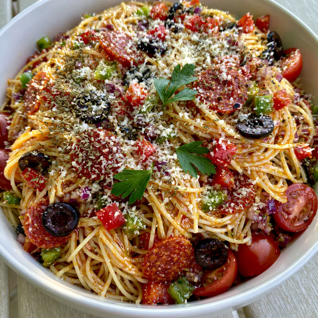 Spaghetti Salad: The Ultimate Zesty California Pasta Side 2 Top-down view of California Spaghetti Salad featuring zesty dressing, pepperoni, bell peppers, and black olives. (Spaghetti Salad)