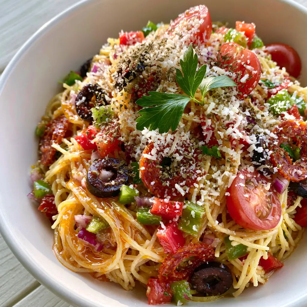 Spaghetti Salad: The Ultimate Zesty California Pasta Side 1 Close up of Spaghetti Salad with visible parmesan cheese 'snowfall' and fresh parsley garnish. (Spaghetti Salad)