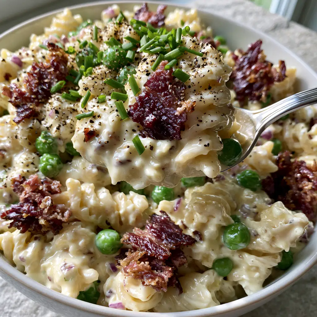Creamy Bacon Pasta Salad with a Glossy Ivory Dressing 2 Extreme close-up of Creamy Bacon Pasta Salad showing rotini coated in thick ivory dressing and emerald peas.
