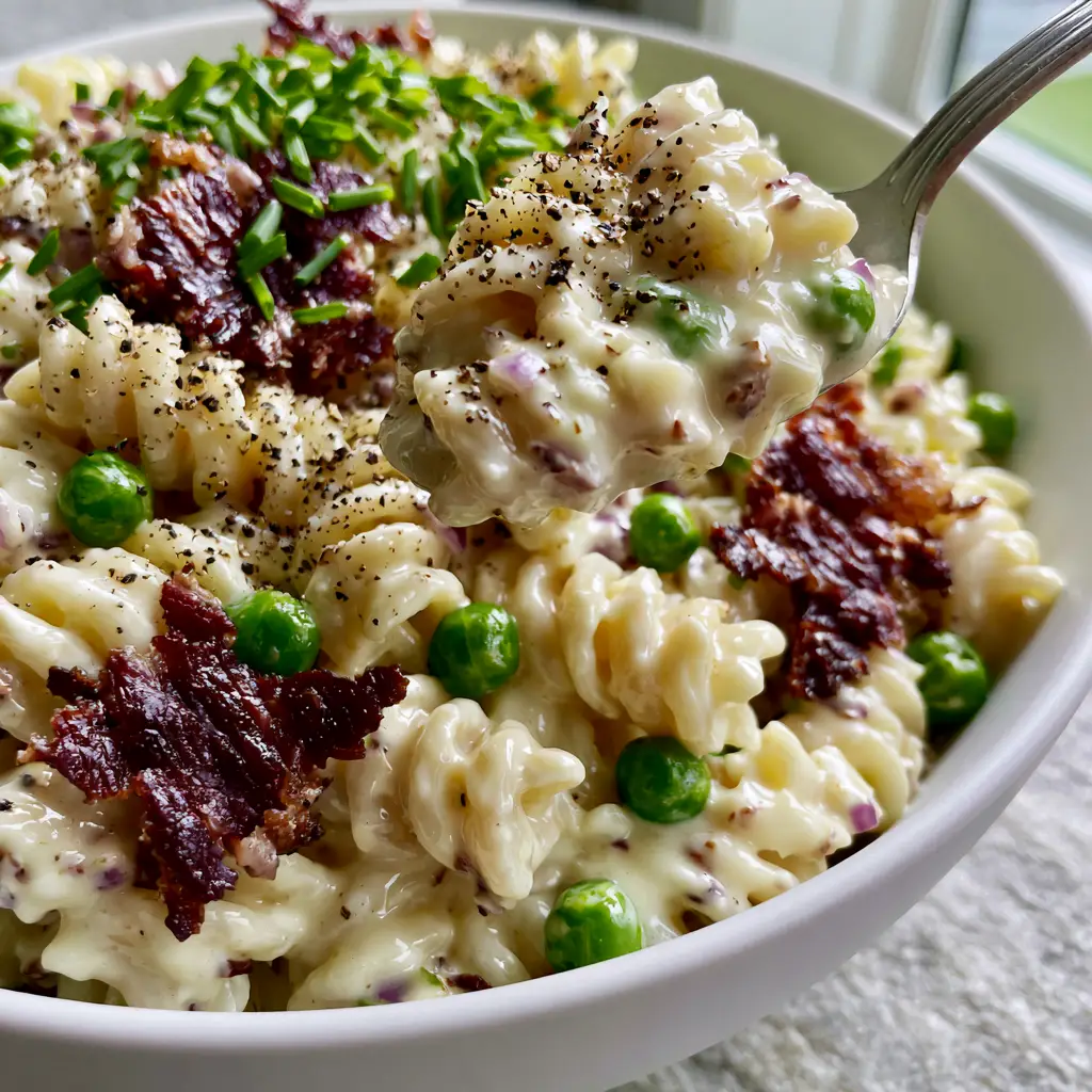 Creamy Bacon Pasta Salad with a Glossy Ivory Dressing 1 Gourmet Creamy Bacon Pasta Salad in a white ceramic bowl with mahogany bacon and cracked black pepper.