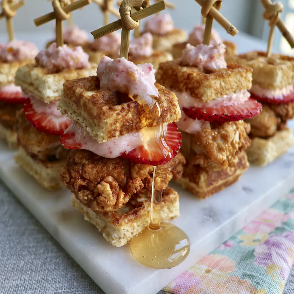 Easter recipes: Mini Buttermilk Waffle & Fried Chicken Sliders with Strawberry Honey Butter 1 Glossy clover honey drizzling down a stack of mini waffle sliders on a marble slab.