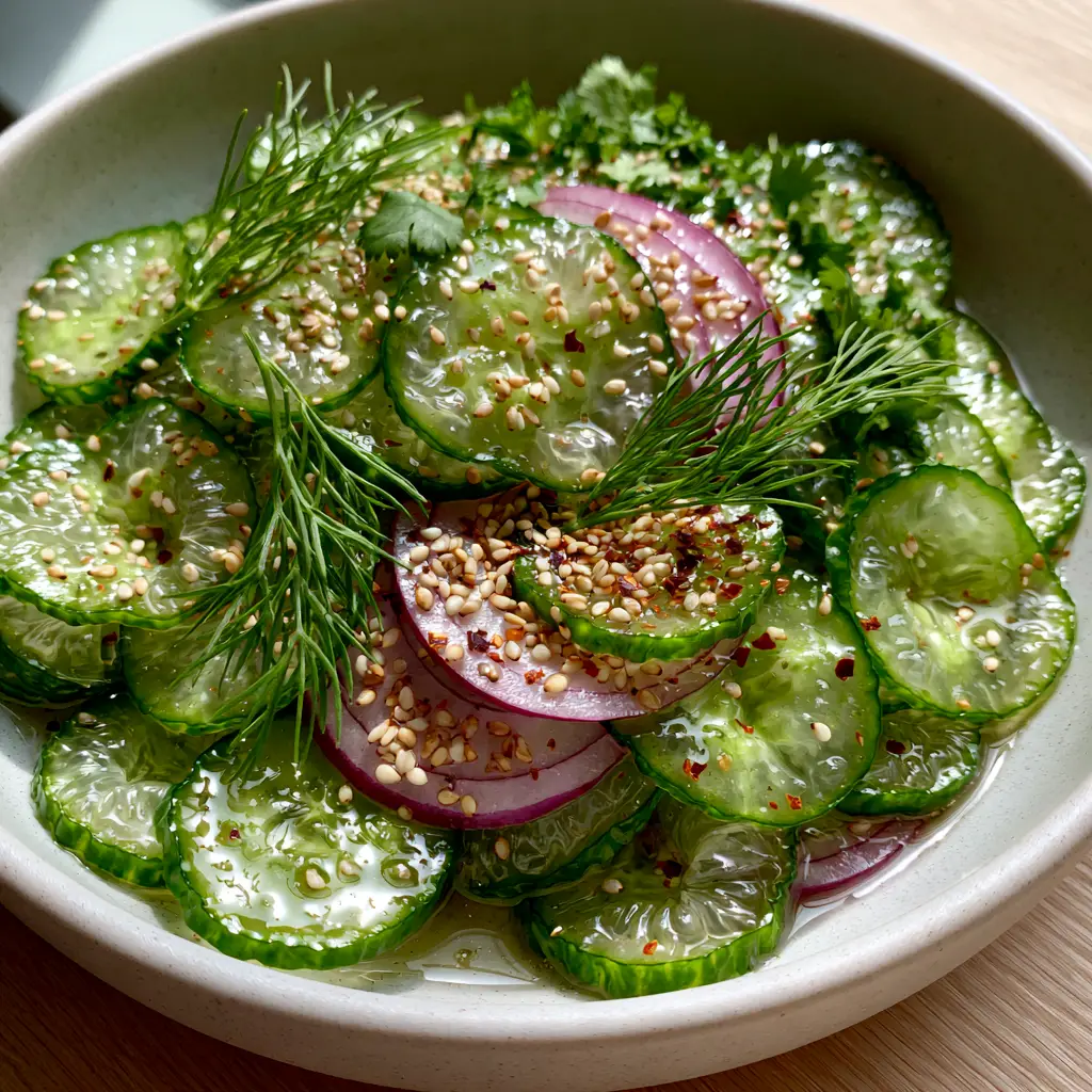 Cucumber Salad Recipe: The Secret to Ultra-Crisp Translucent Slices 2 High-angle smartphone photo of a Cucumber Salad Recipe in a matte-white bowl on a light-oak table. (Cucumber Salad Recipe)