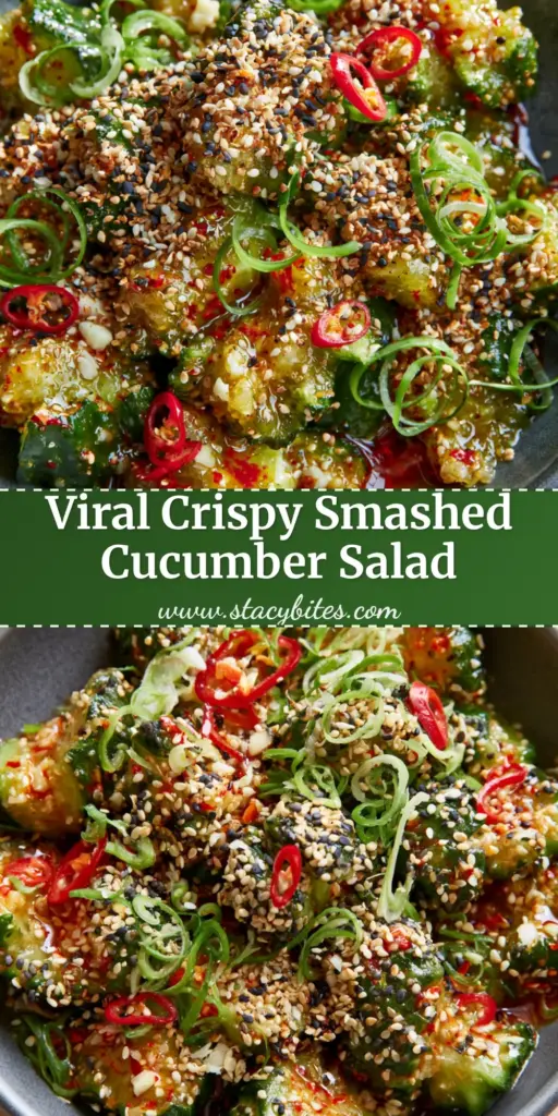 Cucumber Salad Recipe: Spicy Smashed Persian Cucumbers with Chili Oil 4 A close up macro shot of a spicy smashed cucumber salad recipe in a charcoal bowl with red chili oil and sesame seeds.