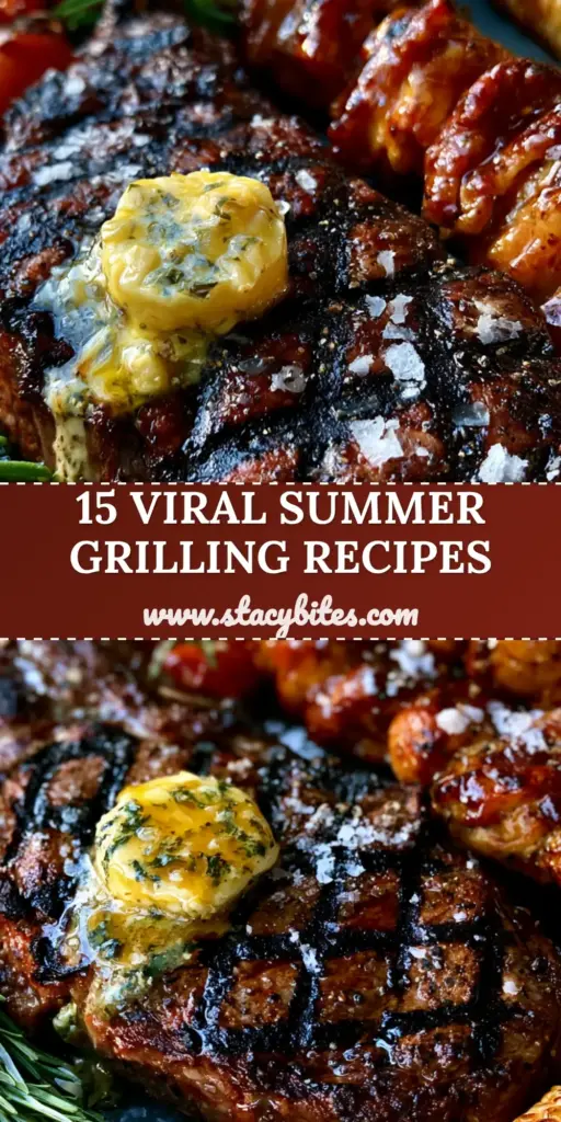 Summer Grilling Recipes: The Ultimate Ribeye and Honey-Chipotle Chicken Platter 4 A close-up of a summer grilling recipes platter with ribeye steak, cross-hatch marks, honey-chipotle chicken skewers, and charred corn.