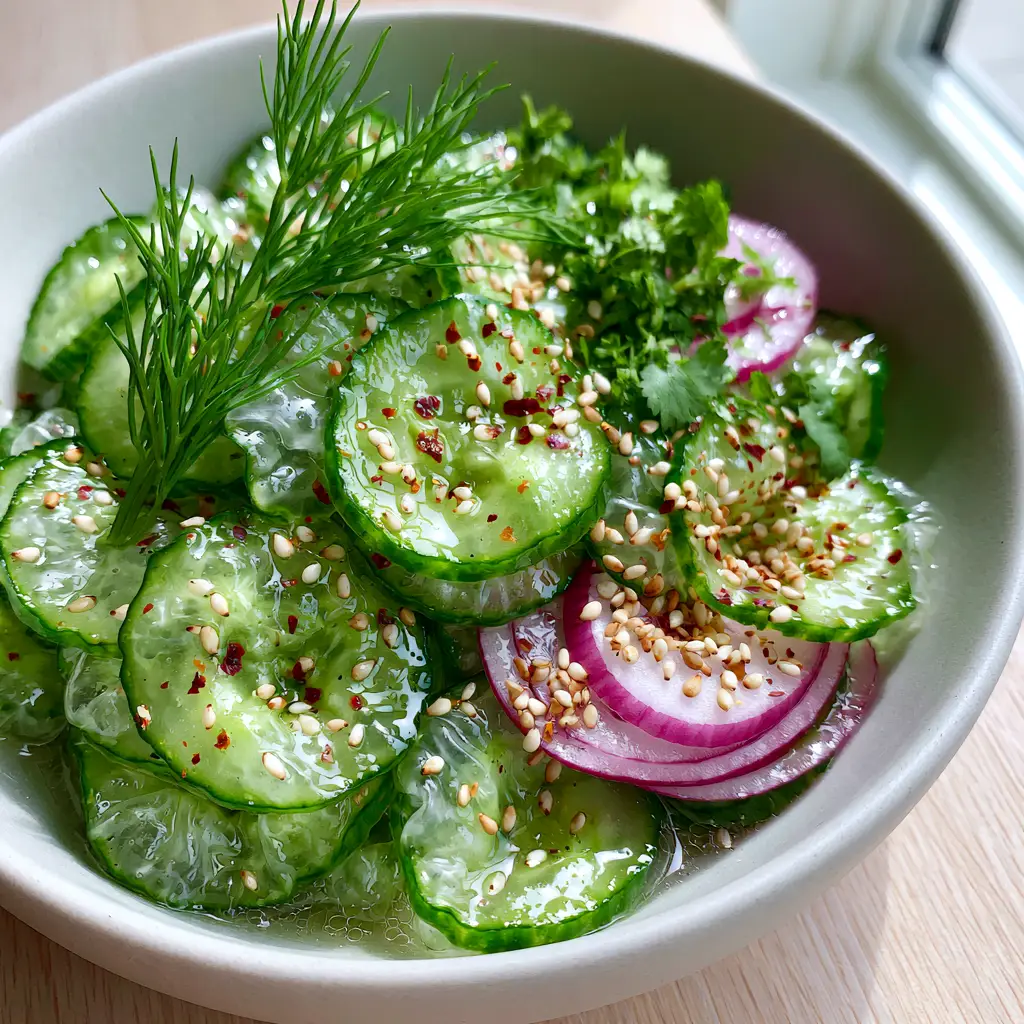 Cucumber Salad Recipe: The Secret to Ultra-Crisp Translucent Slices 1 Detailed view of paper-thin red onions and crinkled cucumber textures in the salad. (Cucumber Salad Recipe)