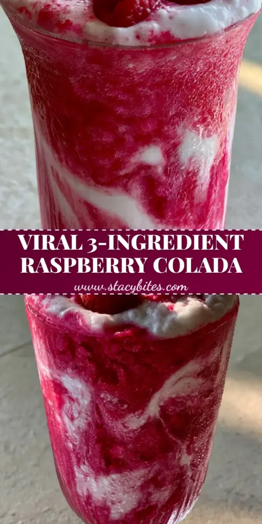 Raspberry Colada Twist: The Ultimate Frozen Tropical Escape 4 A Raspberry Colada Twist in a tall ribbed glass with vibrant magenta layers and snowy white coconut foam, garnished with fresh berries.
