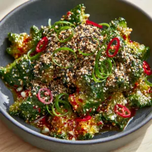 Top-down angled shot of smashed Persian cucumbers with glossy red chili glaze and bird's eye chilies. (cucumber salad recipe)