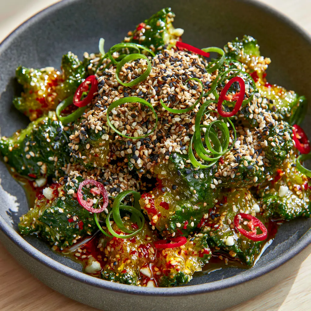 Cucumber Salad Recipe: Spicy Smashed Persian Cucumbers with Chili Oil 2 Top-down angled shot of smashed Persian cucumbers with glossy red chili glaze and bird's eye chilies. (cucumber salad recipe)