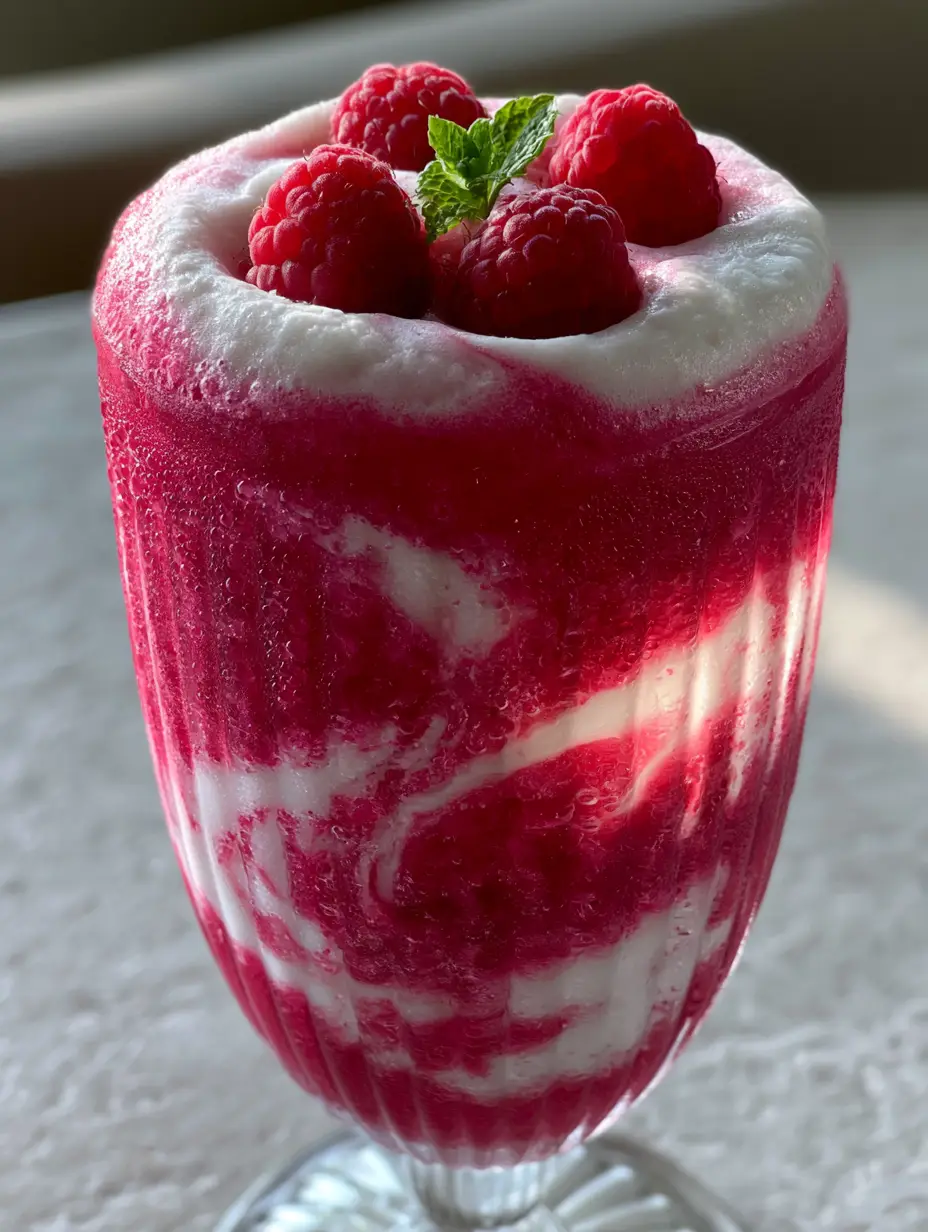 Raspberry Colada Twist: The Ultimate Frozen Tropical Escape 3 Extreme close-up of a Raspberry Colada Twist showing thick magenta sorbet texture and velvety coconut ripples.