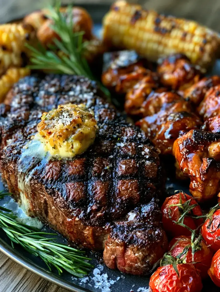 Summer Grilling Recipes: The Ultimate Ribeye and Honey-Chipotle Chicken Platter 2 Glistening garlic herb butter melting over a perfectly seared ribeye steak. (summer grilling recipes)