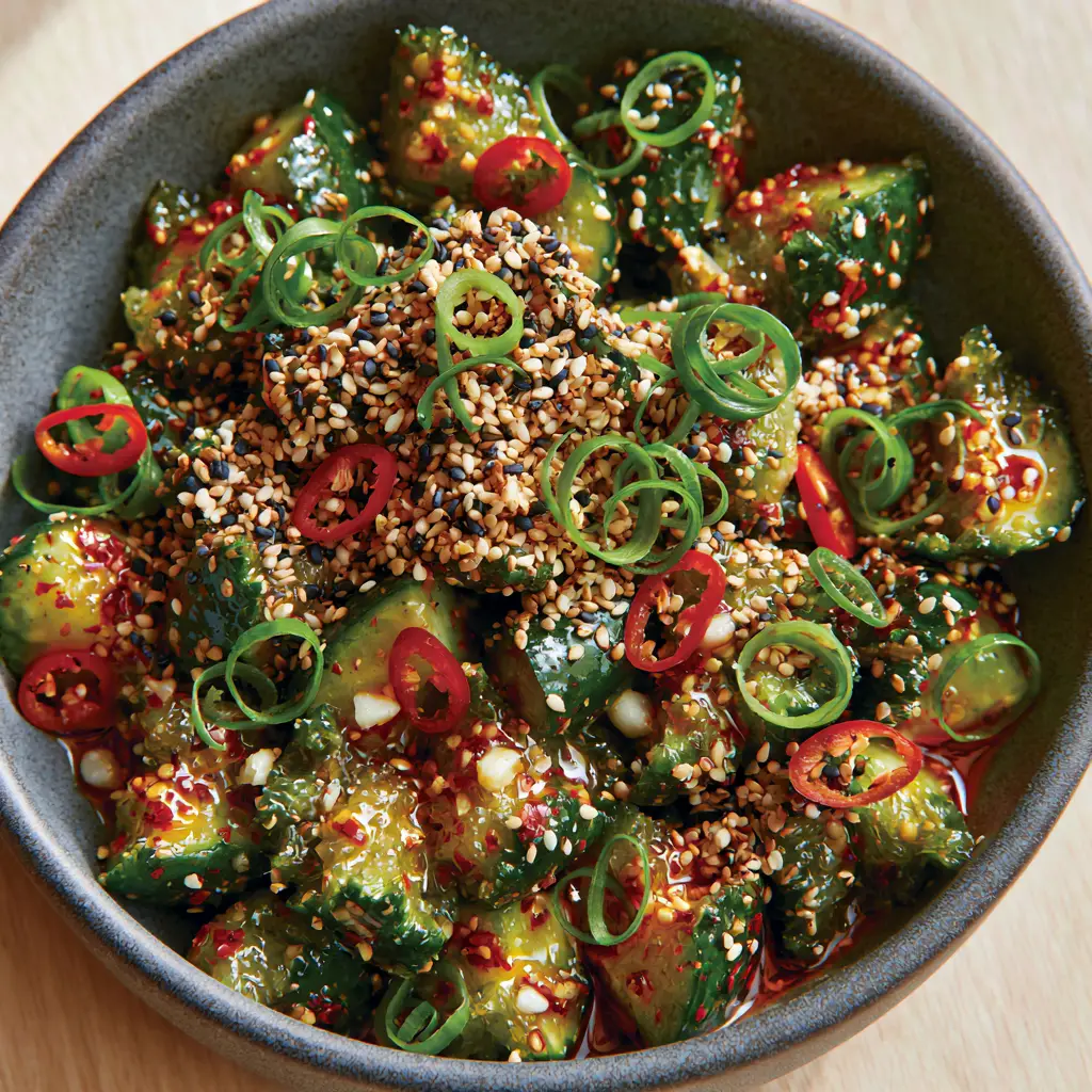 Cucumber Salad Recipe: Spicy Smashed Persian Cucumbers with Chili Oil 1 Close up of scallion curls and toasted black and white sesame seeds on a cucumber salad recipe.