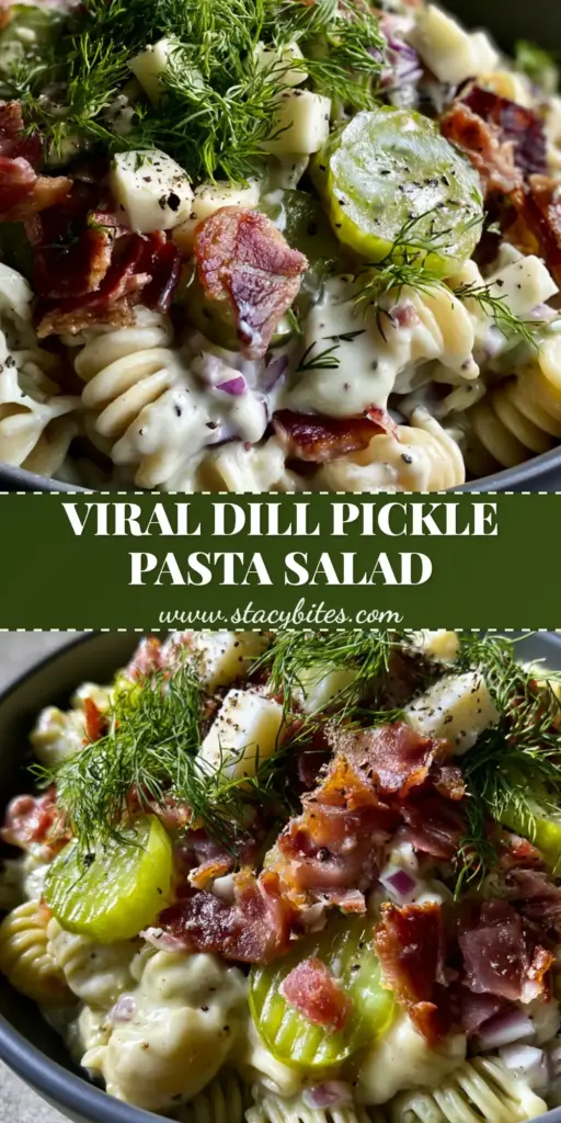 A gourmet dill pickle pasta salad in a charcoal bowl featuring radiatore pasta, crispy bacon, and fresh dill sprigs.