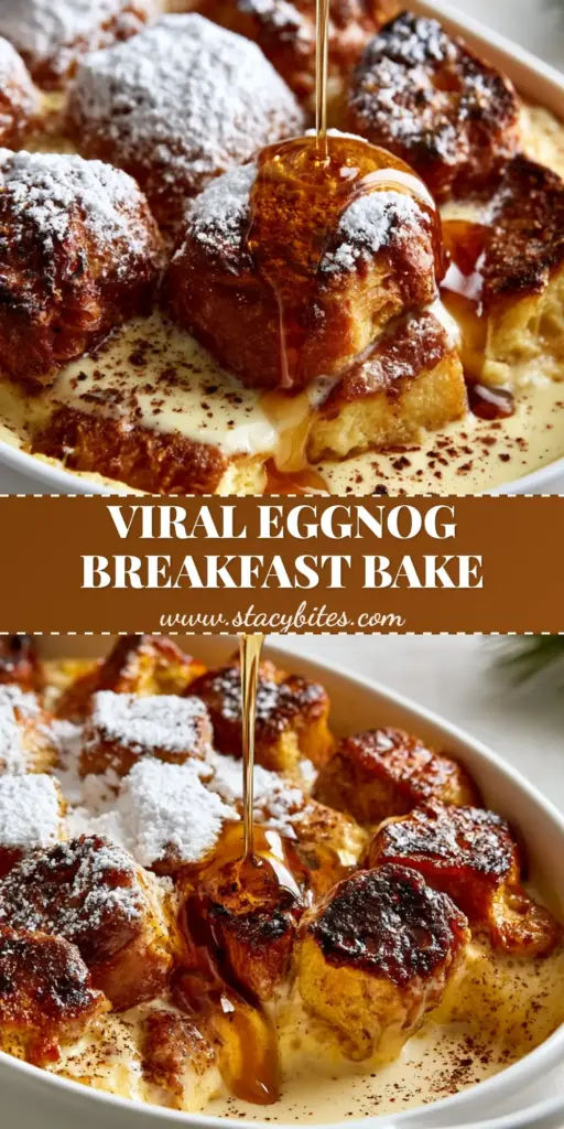 Eggnog French Toast: The Ultimate Festive Overnight Casserole 3 A close-up of Eggnog French Toast casserole in a white ceramic dish with golden-brown brioche peaks, powdered sugar, and dripping maple syrup.