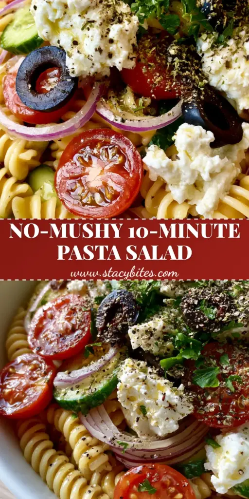 A vibrant pasta salad in a white bowl featuring rotini, feta, and cherry tomatoes. (pasta salad)