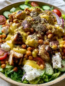 A wide rustic bowl overflowing with a Mediterranean salad featuring seared chicken and creamy feta. (Salad recipes)