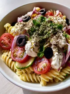 Top-down macro shot of a vibrant pasta salad with ridged rotini and feta. (pasta salad)