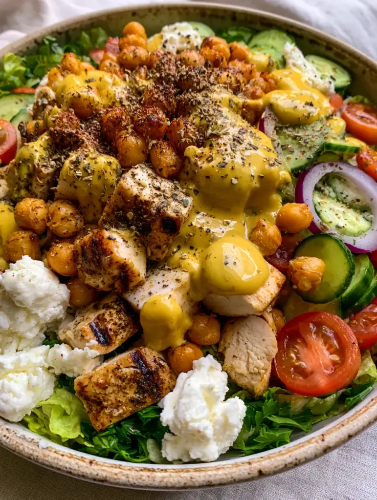 Close up detail of seared chicken breast and glossy tahini dressing droplets on a fresh salad. (Salad recipes)